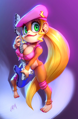 anthro barefoot between_breasts big_breasts biped blonde_hair bottomless breasts brown_body brown_fur cleavage clothed clothing ear_piercing electric_guitar feet female fur green_eyes guitar hair hat headgear headwear hindpaw jewelry knee_pads long_hair looking_at_viewer musical_instrument nipple_outline object_between_breasts paws piercing plucked_string_instrument ponytail simple_background skimpy solo string_instrument toes under_boob thefuckingdevil donkey_kong_(series) nintendo dixie_kong haplorhine mammal monkey primate 2016