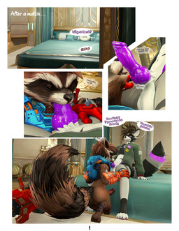 5_fingers armor back_markings balls bed bed_sheet bedding bedroom blowjob_face bottomless brown_body brown_fur brown_hair brown_penis brown_skin butt chest_markings claws close-up clothed clothing comic_panel dark_body dialogue ear_piercing eyes_closed fingers fluffy fluffy_tail fur furniture genitals gloves grey_body grey_fur hair hand_on_leg handwear knot knotted_penis licking low-angle_view male markings mohawk multicolored_body multicolored_fur multicolored_tail oral penile penis penis_in_mouth penis_lick piercing purple_eyes purple_insides purple_penis purple_tongue rear_view red_eyes sex shaft_licking smug speech_bubble squinted_eyes tail text tongue topwear topwear_only kvnpoulsen guardians_of_the_galaxy marvel kvn_poulsen rocket_raccoon mammal procyonid raccoon absurd_res comic english_text hi_res