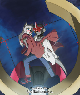anthro black_hair blue_eyes blush clothing duo ear_piercing female fur grey_body grey_fur hair hoodie machine male male/female piercing romantic text topwear white_body white_fur voxxen tengen_toppa_gurren_lagann shaun_lutra_(voxxen) canid canine canis domestic_dog husky mammal mustelid nordic_sled_dog otter spitz english_text hi_res