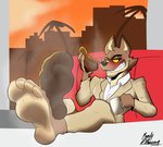 anthro aroused_smile clothing coffee_mug feet foot_fetish foot_focus foot_on_table footwear furniture male male_anthro musk musk_clouds shoe_sniffing shoes showing_feet simple_background smug_face sniffing socks solo table randy_d_raccoon dreamworks the_bad_guys mr._wolf_(the_bad_guys) canid canine canis mammal wolf hi_res