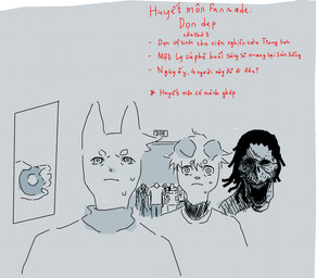 anthro bodily_fluids clothing fan_made group hair head_fur horror_(theme) long_neck male scared scared_expression scared_face sweat sweatdrop sweater text topwear turtleneck vietnamese toastedeh fan_character canid canine felid feline ghost mammal spirit translation_request vietnamese_text