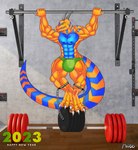 abs anthro clothed clothing exercise gym male muscular muscular_male solo speedo swimwear tail topless workout mrd66 mythology drake_bates dragon lizard mythological_creature mythological_scalie reptile scalie absurd_res hi_res