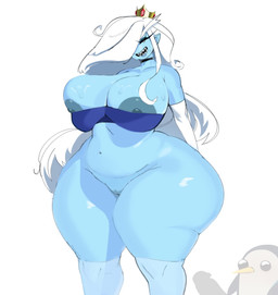 areola big_breasts biped blue_body bottomless bra breasts clothed clothing eyelashes female feral genitals hair humanoid_pointy_ears larger_female nipples open_mouth penis pointy_ears pupils simple_background size_difference smile thick_thighs underwear vulva white_background white_hair puppy_b adventure_time cartoon_network gunter_(adventure_time) ice_queen avian bird humanoid penguin hi_res