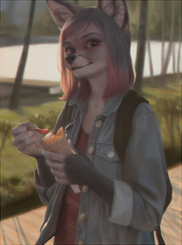 anthro backlighting backpack blue_hair clothed clothing cutlery denim denim_clothing denim_jacket denim_topwear dessert detailed_background ear_piercing eating female fingerless_(marking) food front_view fur grass grey_body grey_fur hair ice_cream ice_cream_cone jacket jewelry kitchen_utensils lake light multicolored_hair pendant photorealism piercing pink_hair plank plant realistic red_eyes shrub smile solo spoon three-quarter_view tools topwear tree two_tone_hair terry_grimm canid canine fox mammal lighting