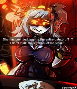 accessory ambiguous_fluids belly big_breasts black_body black_sclera blood blood_stain bodily_fluids bone booth booth_seating bow_ribbon breasts caption caption_box chair clothing container cute_fangs date date_pov dinner disappointed disgust earless eyebrows fangs female first_person_view frown furniture glass glass_container glowing glowing_eyes grey_body grey_hair hair hazard_stripes headband holding_fork holding_with_tail huge_breasts judging looking_at_viewer machine metal metallic_body necktie noseless oil oil_stain on_chair one_eye_half-closed orange_eyes overweight pigtails plate raised_eyebrow romantic romantic_ambiance screen screen_face segmented_body sharp_teeth sitting sitting_on_chair slightly_chubby solo stain stinger stinger_tail suit suit_jacket tail tail_holding_object teeth text twintails_(hairstyle) unusual_anatomy weapon_tail white_body yellow_eyes diddlydooter1 glitch_productions murder_drones snapchat j_(murder_drones) disassembly_drone humanoid robot robot_humanoid artist_name digital_drawing_(artwork) digital_media_(artwork) english_text signature