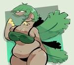2023 anthro banana belly big_breasts breasts brown_body cleavage cleavage_overflow clothed clothing elemental_creature female flora_fauna food fruit generation_3_pokemon green_hair hair leaf leaf_wings love_handles nintendo oshyfriend overweight overweight_anthro overweight_female plant pokemon pokemon_(species) solo tropius wings