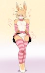 anthro arm_warmers armwear blush bottomwear clothed clothing clothing_lift collar femboy fur genitals heart_symbol legwear male paws penis pink_clothing purple_eyes skirt skirt_lift solo stockings underwear white_body white_fur yellow_body yellow_fur pompsadoodle lagomorph leporid mammal rabbit hi_res