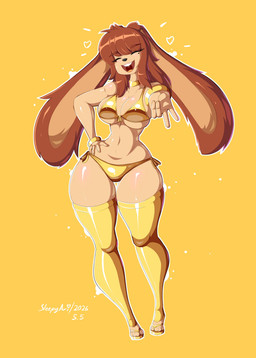 anthro big_breasts bikini bracelet breasts brown_body brown_fur brown_hair choker clothing eyebrows eyelashes eyes_closed feet female footwear fur glistening gold_(metal) gold_bikini gold_choker gold_jewelry gold_necklace hair hand_on_hip heart_eyes heart_symbol jewelry legwear mole_under_eye navel necklace open_mouth open_smile sandals shoes smile solo swimwear thick_thighs thigh_gap thigh_highs two-piece_swimsuit under_boob wide_hips amsleepyari golden_week lagomorph leporid mammal rabbit 2026 absurd_res hi_res