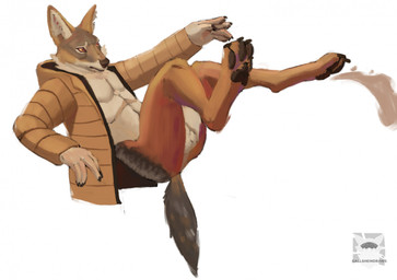 anthro balls black_pawpads bottomless clothed clothing fur genitals grey_body grey_fur jacket jacket_only male open_clothing open_jacket open_topwear orange_body orange_fur pantsless_anthro pantsless_male pawpads paws shirtless_anthro shirtless_male simple_background solo tan_body tan_fur topwear topwear_only white_background gallshein canid canine canis jackal mammal hi_res