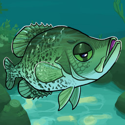 ambiguous_gender black_markings countershade_torso countershading dorsal_fin feral fin green_body green_eyes kelp markings multicolored_body nature nature_background open_mouth pectoral_fin plant seaweed solo tail tail_fin underwater water white_markings flamingpickle aquatic crappie fish white_crappie 1:1 2025 digital_media_(artwork)