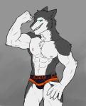 abs anthro biceps big_muscles blue_eyes bulge chest_tuft claws clothed clothing countershading flexing front_view fur grey_body grey_fur hair looking_at_viewer male multicolored_body multicolored_fur muscular muscular_anthro muscular_male navel obliques open_mouth pecs pose solo tailless topless triceps tuft two_tone_body two_tone_fur underwear white_body white_countershading white_fur discordnight mammal sergal absurd_res hi_res portrait three-quarter_portrait