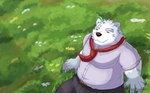 anthro black_nose bottomwear clothing fur humanoid_hands kemono male outside overweight overweight_anthro overweight_male pants shirt sitting solo topwear white_body white_fur boson62213 kuremura62213 knights_college paul_pfitzner bear mammal polar_bear ursine 2021