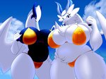 anthro beach big_breasts bikini blue_body blue_breasts blue_fur blue_scales blue_wings breasts calypso_chante_(blueondrive) clothing duo feathered_wings feathers female fur gold_bikini huge_breasts scales summer swimwear thick_thighs tuft two-piece_swimsuit white_body white_breasts white_fur white_scales white_wings wings blueondrive mythology nintendo palworld pocketpair pokemon queen_eleanor_(blueondrive) dragon feathered_dragon feathered_scalie generation_2_pokemon legendary_pokemon lugia mythological_creature mythological_scalie pal_(species) pokemon_(species) quivern scalie hi_res