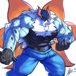 abs anthro anthrofied biceps black_body black_countershading blue_bottomwear blue_clothing blue_eyes blue_pants body_hair bottomwear clothed clothing countershading fur horn looking_at_viewer male muscular muscular_anthro muscular_male pants pecs pokemorph red_horn red_wings solo topless white_body white_fur wings yongdasom nintendo pokemon arthropod generation_5_pokemon insect lepidopteran moth pokemon_(species) volcarona 1:1 hi_res