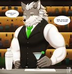 alcohol anthro bar bartender beverage clothed clothing cocktail cocktail_shaker countershade_face countershading dialogue fully_clothed fur glass green_eyes hair hand_on_hip inside long_hair looking_at_viewer male multicolored_body muscular muscular_male necktie solo standing talking_to_viewer topwear two_tone_body vest sovulsen canid canine canis mammal wolf hi_res