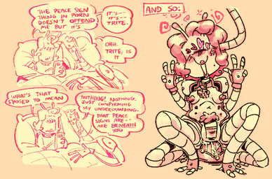 3_panel_comic 4_eyes 4_legs 6_nipples ambiguous_gender anal anal_penetration antennae_(anatomy) blush breasts clothed clothing dialogue dildo dildo_in_ass dildo_insertion duo female female/ambiguous genitals gesture hand_gesture humiliation lube machine mind_control multi_eye multi_nipple nipples nude object_in_ass penetration pubes pussy_tape sex_toy sex_toy_in_ass sex_toy_insertion smile smiling_at_viewer speech_bubble spiral_pupils tape text v_sign vulva pettypalps clif_(pettypalps) joybot_(pettypalps) alien alien_humanoid android humanoid robot 2025 comic digital_drawing_(artwork) digital_media_(artwork) english_text sketch