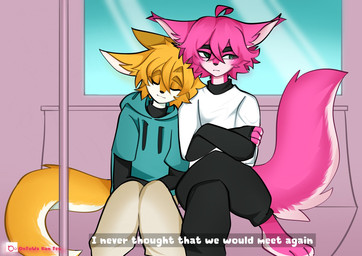 anthro carrying_another clothed clothing crossed_arms dialogue duo eyebrows eyes_closed fully_clothed fur hair inside inside_train male male/male multicolored_body multicolored_fur on_shoulder pink_body pink_fur pink_hair simple_background sitting sleeping sleeping_on_partner tail kunfen lemon_(kunfen) canid canine fox mammal hi_res