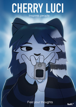 anthro bangs biped blue_clothing blue_hair clothed clothing female foreshortening front_view fully_clothed hair holding_object pattern_clothing pattern_topwear solo striped_clothing striped_hair striped_topwear stripes text topwear white_body noori_(artist) felid feline mammal absurd_res blue_theme digital_media_(artwork) english_text half-length_portrait hi_res portrait
