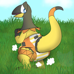 3_toes 4_fingers ambiguous_gender anthro big_diaper black_body black_tail_tip clean_diaper clothed clothing cloud cloud_emanata detailed_background diaper diaper_fetish diaper_only diaper_puff dipstick_tail emanata feet fingers gloves_(marking) grass heart_symbol logo looking_back markings multicolored_body multicolored_tail narrowed_eyes open_mouth orange_body orange_tail plant sky solo standing striped_diaper tail tail_markings toeless_(marking) toes topless wearing_diaper yellow_body yellow_tail shadyadi nintendo pokemon generation_6_pokemon heliolisk pokemon_(species) 1:1 2021 artist_logo hi_res signature