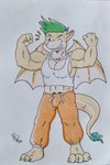 abs anthro barazoku blue_eyes bottomwear bulge claws clothing confident dragon_wings flexing flexing_bicep flexing_both_biceps flexing_muscles green_hair hair male manly muscular muscular_anthro muscular_male obliques orange_bottomwear orange_clothing orange_pants pants pecs pubes sharp_teeth shirt simple_background solo spread_wings tail tail_tuft tank_top teeth toe_claws topwear tuft white_background wings dashthefox mythology mango_(pitiyindee) dragon mythological_creature mythological_scalie scalie absurd_res hi_res traditional_media_(artwork)