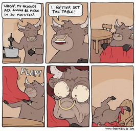 angry anthro biped bottle breaking bucket butt clock container facial_piercing furniture hooves humor male nose_piercing nose_ring piercing ring_piercing septum_piercing solo table tackle text watch wristwatch deathbulge bovid bovine cattle mammal comic url