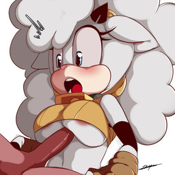 anthro areola areola_slip armwear bell bell_collar big_breasts black_horn blue_eyes blush breast_play breasts brown_clothing brown_gloves brown_handwear clothing collar duo elbow_gloves eyelashes female front_view fur genitals gloves handwear horn male navel open_mouth penis pink_areola pink_nose sex simple_background tan_body tan_fur titfuck topwear under_boob white_background white_body white_fur yellow_clothing yellow_topwear inuyuru idw_publishing sega sonic_the_hedgehog_(comics) sonic_the_hedgehog_(idw) sonic_the_hedgehog_(series) lanolin_the_sheep_(sonic) bovid caprine mammal sheep 1:1 hi_res