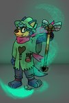 anthro black_eyes blue_body blue_fur bottomwear clothing cosplay denim denim_bottomwear denim_clothing eyewear fur glasses green_clothing jeans magic magic_user male pants pawpads paws pointed_hat potion round_glasses scarf solo staff eladonays deltarune undertale undertale_(series) adonay_lightblue ralsei canid canine canis mammal wolf hi_res