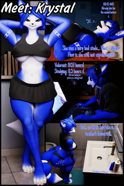 anthro big_breasts black_clothing blue_body blue_eyes blue_fur blue_hair bottomwear breasts clothing computer electronics eyes_closed female fur green_eyes hair headphones humor looking_at_viewer panties pose presenting shorts sink skirt sleeping solo standing tail text toilet underwear lir dogzeela_(modeler) nintendo riot_games star_fox tencent valorant krystal_(star_fox) 3d_(artwork) absurd_res comic digital_media_(artwork) english_text hi_res multiple_scenes
