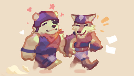 anthro armor chibi clothed clothing duo emanata eye_patch eyewear fur grey_body grey_fur hand_holding happy headgear heart_symbol helmet kerchief male neckerchief neckwear open_mouth petals running simple_background smile smiling_at_another smiling_at_partner white_body white_fur ohifura epic_games fortnite polar_patroller wendell_(fortnite) bear canid canine canis mammal polar_bear ursine wolf