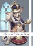 2018 ambiguous_gender anthro blep blue_eyes bottomless canid canine canis censor_bar censored clothed clothing conditional_dnp convenient_censorship crown domestic_dog english_text female_(lore) front_view full-length_portrait fur headgear herding_dog hi_res looking_at_viewer loupgarou mammal pastoral_dog pembroke_welsh_corgi portrait royalty scepter solo tan_body tan_fur text tongue tongue_out welsh_corgi