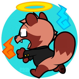 3_fingers anthro biped blue_nose brown_body chibi clothing cute_fangs eyewear fangs fingers glasses kemono magic shirt solo teeth topwear walking worried kokushiki canid canine mammal raccoon_dog tanuki 1:1 2022