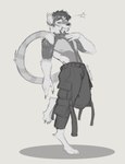 anthro big_pants breast_scar claws digitigrade ear_piercing ear_ring eyebrow_piercing facial_piercing long_tail looking_at_viewer male on_one_leg piercing ring_piercing skinny solo standing star tail tonkotsu_spicy_noodle microsoft the_elder_scrolls felid khajiit mammal absurd_res hi_res