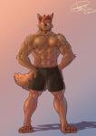 abs anthro biceps big_muscles blush bodily_fluids bottomwear brown_body brown_fur brown_nipples brown_nose claws clothed clothing facial_hair fur hair male muscular muscular_anthro muscular_male nipples pecs red_eyes red_hair shorts solo standing sweat topless husky_(artist) koreanhusky thaiwolf canid canine canis mammal wolf absurd_res hi_res