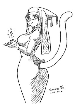 accessory anthro bangs big_breasts biped bow_(feature) bow_accessory bow_ribbon breasts clothed clothing cross curvy_figure dress female furgonomics habit headdress hourglass_figure long_tail looking_at_viewer looking_back nun raised_tail ribbons simple_background smile solo standing tail tail_accessory tail_bow tail_ribbon thin_tail veil white_background wide_hips dr_comet felid mammal 2002 black_and_white line_art monochrome signature sketch