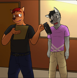 anthro bdsm belt black_bars board clothing collar duo eyewear glasses male fuze vangabond_(character) canid canine canis mammal procyonid raccoon wolf letterbox story story_in_description