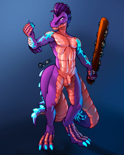 2_tails 4_eyes abstract_background armed average_balls average_penis balls claws digitigrade feathers foreskin genitals glowing glowing_body glowing_markings glowing_scales hair macuahuitl male markings melee_weapon multi_eye multi_tail orange_body orange_scales penis purple_body purple_eyes purple_hair raised_arm scales solo standing tail ventral_scales weapon drqube reptile scalie 4:5 cel_shading hi_res shaded