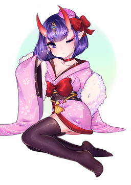 asian_clothing black_clothing black_legwear black_thigh_highs blush bow_tie breasts cleavage clothed clothed_female clothing collar east_asian_clothing eyebrow_through_hair eyebrows eyelashes female female_humanoid floral_pattern gem hair horn japanese_clothing jewelry kimono legwear long_hair looking_at_viewer medium_breasts one_eye_closed pink_clothing pink_kimono pointy_ears purple_eyebrows purple_eyelashes purple_hair red_bow_tie red_collar simple_background sitting solo thigh_highs translucent translucent_hair white_background anne_araujo asian_mythology east_asian_mythology fate_(series) japanese_mythology mythology type-moon assassin_shuten-douji demon horned_humanoid humanoid oni yokai 2020 absurd_res hi_res