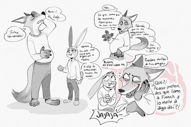 anthro belly big_belly blush bottomwear claws clothing cotton_tail dialogue dipstick_tail duo female fur hand_on_belly male male/female markings pants pawpads paws plantigrade predator/prey pregnant pregnant_male shirt speech_bubble tail tail_markings text topwear tucked_shirt viat_on disney zootopia judy_hopps nick_wilde canid canine european_rabbit fox lagomorph leporid mammal oryctolagus rabbit red_fox true_fox 2024 monochrome multiple_images spanish_text translated