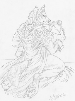 accessory anthro barefoot bottle claws clothing coat container feather_accessory feet fur furgonomics hair_accessory hair_ring hat headgear headwear holding_bottle holding_clothing holding_container holding_hat holding_headgear holding_headwear holding_object kneeling looking_at_viewer looking_back looking_back_at_viewer male paw_tuft pawpads paws pointy_ears prick_ears simple_background solo tail toe_claws topwear tricorne whisker_spots white_background rukis luther_denholme australian_cattle_dog canid canine canis cattledog domestic_dog herding_dog mammal pastoral_dog hi_res monochrome signature traditional_media_(artwork)