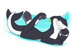 anthro ear_piercing ear_ring feet green_eyes hindpaw legs_in_air lying male on_front pawpads paws piercing pose ring_piercing smile solo scruffkerfluff dub bull_shark carcharhinus fish hybrid marine requiem_shark shark 4:3 hi_res pinup