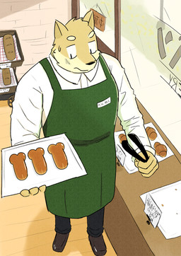 anthro apron bakery bottomwear bread brown_body brown_fur clothing detailed_background food fur inside kemono male pants shirt solo topwear hayahaya canid canine canis domestic_dog mammal 2021 absurd_res hi_res