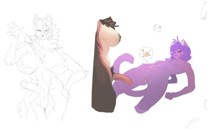 anthro anthro_on_anthro balls big_breasts bodily_fluids breasts countershade_accent cum cum_on_body duo eyes_closed female fur genital_fluids genitals gynomorph gynomorph/female hair impregnation intersex intersex/female nipples nude penis purple_body purple_fur purple_hair simple_background tail vulva white_background corablue ultra_(ultrabondagefairy) domestic_cat felid feline felis mammal 2025 digital_media_(artwork) hi_res