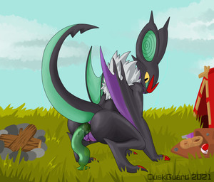 anal anal_fluids anal_masturbation anal_penetration backpack black_body black_fur bodily_fluids campfire crouching female feral fur genitals looking_back masturbation penetration pokeball raised_tail sex_toy solo tail tent vulva duskguard nintendo pokemon bat generation_6_pokemon mammal noivern pokemon_(species) absurd_res hi_res