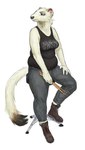 anthro belly belly_folds belly_overhang boots bottomwear clothing drumstick_(musical) female footwear fur furniture holding_object pants plantigrade shirt shoes simple_background sitting slightly_chubby solo stool tank_top tight_clothing topwear white_background white_body white_fur cettus maren_sommer mammal mustelid musteline stoat true_musteline weasel 2021 hi_res