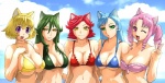 bandeau bare_shoulders big_breasts bikini bikini_top blonde_hair blue_hair breasts brown_eyes cleavage clothed clothing cloud day drill_curls female female_focus frilly frilly_bikini frilly_clothing frilly_swimwear gesture green_eyes green_hair group hair hand_gesture lineup long_hair looking_at_viewer midriff navel one_eye_closed open_mouth outside pigtails pink_eyes pink_hair purple_eyes rainbow red_hair short_hair skimpy sky smile strapless_clothing swimwear take_your_pick topwear tube_top twin_drills two-piece_swimsuit under_boob v_sign water wink yellow_eyes ueyama_michirou animal_humanoid cat_humanoid felid felid_humanoid feline feline_humanoid humanoid mammal mammal_humanoid 2008