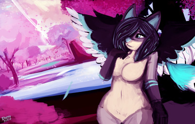 anthro biped black_wings blue_eyes blue_nose breasts detailed_background feathered_wings feathers featureless_breasts female fur hair landscape multicolored_wings nude outside plant purple_ears purple_hair scenery solo tan_body tan_fur tree wings year dirtyscoundrel canid canine mammal 2017 absurd_res digital_media_(artwork) digital_painting_(artwork) hi_res painting_(artwork) signature