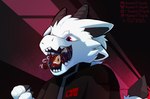 abstract_background almost_fully_inside anthro black_clothing black_insides black_pawpads bodily_fluids brown_body brown_fur clothing duo fur glistening glistening_tongue horn imminent_vore long_tongue male male/male membrane_(anatomy) micro mouth_shot multi_ear open_mouth pawpads red_eyes size_difference spiral_horn sweat tan_body tan_fur tears teeth tongue tongue_coil tongue_coiling vore white_body white_fur howzit_toyah mythology canid canine canis dragon furred_dragon furred_scalie mammal mythological_creature mythological_scalie scalie wolf