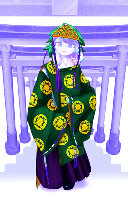 ambiguous_gender anthro asian_clothing biped bottomwear clothed clothed_anthro clothing crown east_asian_clothing floppy_ears front_view fur hair hakama headgear japanese_clothing kariginu long_ears lop_ears pattern_clothing print_clothing simple_background solo standing tiara torii veil hige_(artist) lagomorph leporid mammal rabbit 2025 absurd_res digital_media_(artwork) hi_res