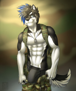 abs anthro athletic backpack bag biceps biped black_body black_clothing black_fur black_hair black_nose black_underwear blue_eyes blue_hair bottomwear bottomwear_down bottomwear_pull boxer_briefs bulge clothed clothing clothing_pull dog_tags ear_piercing fangs fur grin hair heterochromia jewelry looking_at_viewer male muscular muscular_anthro necklace open_bottomwear open_clothing open_pants pants pants_down pants_pull partially_clothed pecs piercing pose smile solo standing tail teeth topless underwear unzipped white_body white_fur zipper vallhound ascot_huskamute canid canine canis domestic_dog huskamute husky mammal mixed_breed nordic_sled_dog spitz 2014 digital_media_(artwork) hi_res portrait three-quarter_portrait