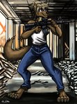 abandoned_building aiming anthro assault_rifle belt black_nose blue_eyes bottomwear brown_body brown_fur claws clothed clothing column denim denim_bottomwear denim_clothing detailed_background dewclaw female fully_clothed fur grin gun hair hair_bun high_waisted_bottomwear inside jeans pants ranged_weapon rifle rubble scope shirt smile solo tank_top toe_claws topwear weapon thelivingshadow mythology isa_wexler canid canine canis mammal mythological_canine mythological_creature werecanid werecanine werecreature werewolf wolf 2021 colored digital_media_(artwork) hi_res shaded